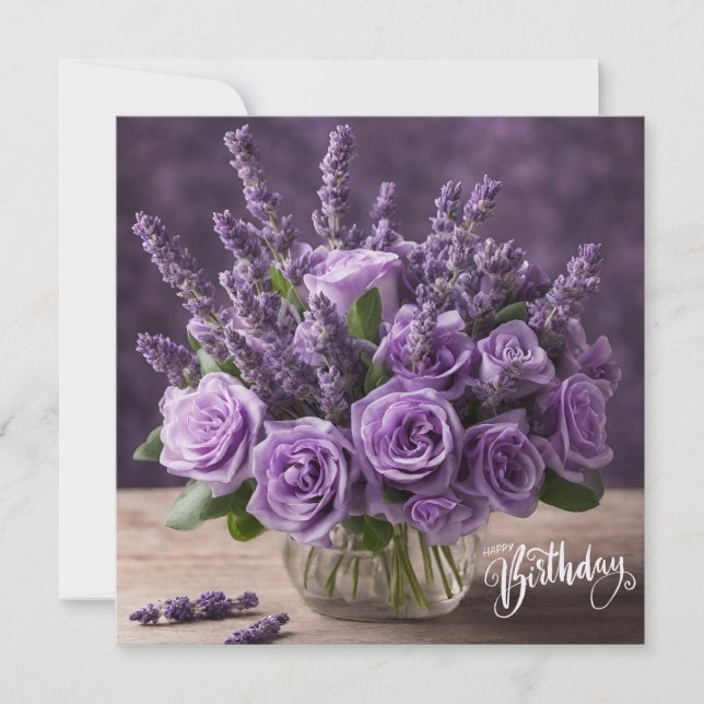 Tarjeta Feliz cumpleaños, Rosas morados y flores de lavand (Anverso)