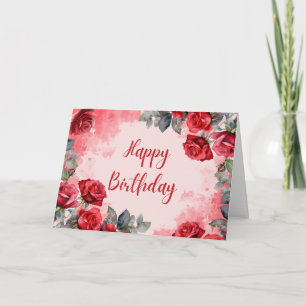 Tarjeta Feliz Cumpleaños Rosas Rojas Acuarela