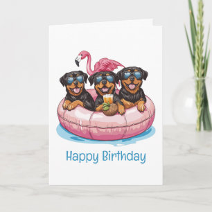 Tarjeta Feliz cumpleaños Rottweiler Dogs Flamingo Pool Tub