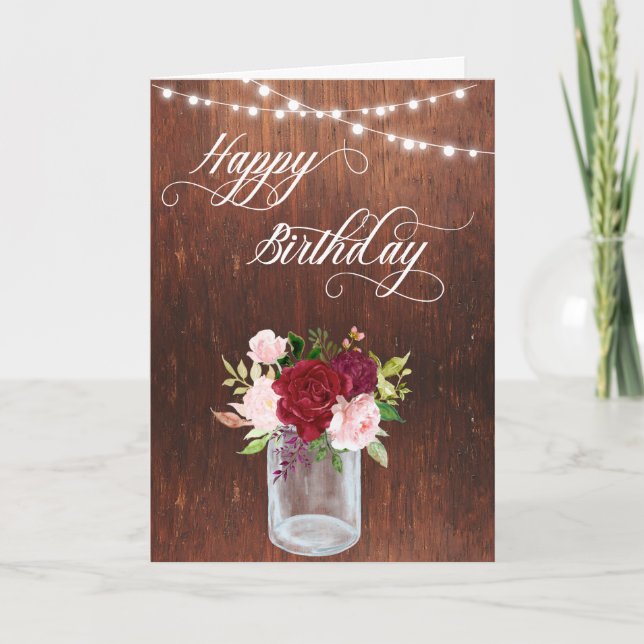 Tarjeta Feliz cumpleaños Rustic Mason Jar Wood lights (Anverso)