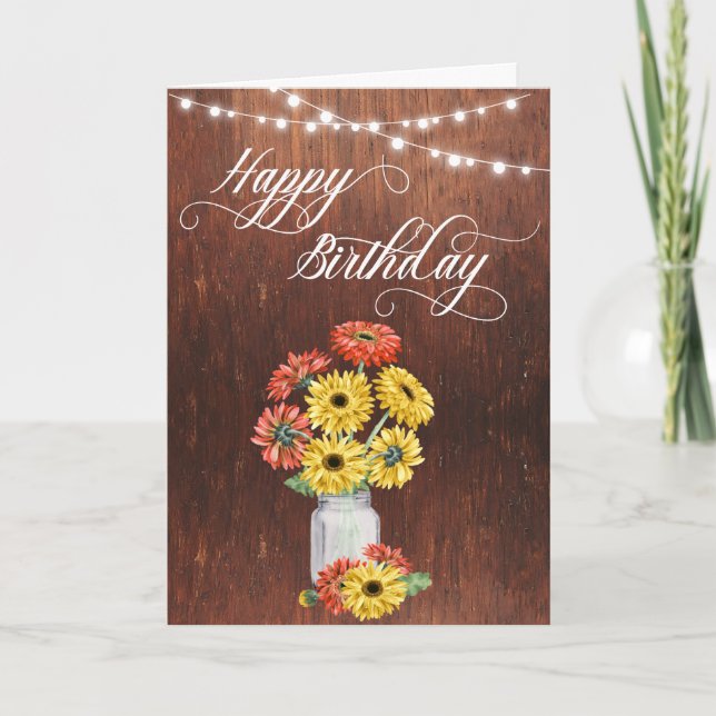 Tarjeta Feliz cumpleaños Rústico Mason Jar Gerbera Daisy (Anverso)