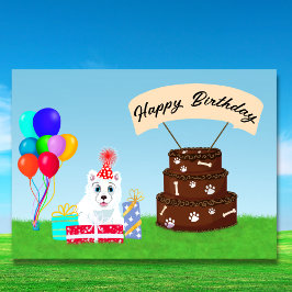 Tarjeta Feliz Cumpleaños Samoyed con Torta