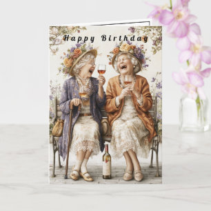 Tarjeta Feliz Cumpleaños Señoras Riéndose Bebiendo Vino