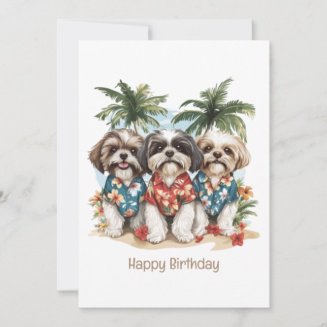 Tarjeta Feliz cumpleaños Shih Tzu a los Camisetas hawaiano (Anverso)