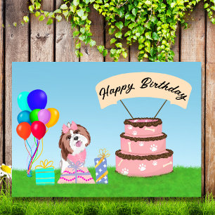 Tarjeta Feliz cumpleaños Shih Tzu con pastel