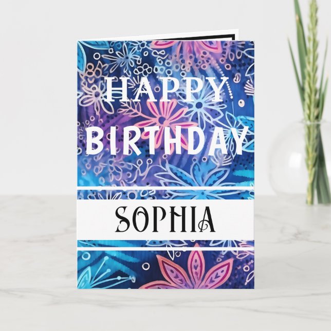 Tarjeta Feliz Cumpleaños Simple Estampado Azul y Rosa (Anverso)