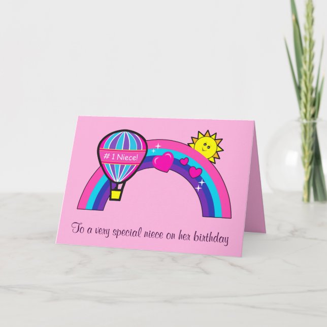 Tarjeta Feliz cumpleaños, sobrina con sol y arcoiris (Anverso)