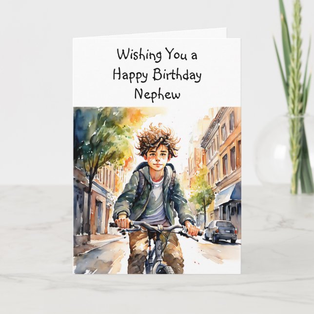 Tarjeta Feliz cumpleaños, sobrino | Niño en bicicleta en l (Anverso)