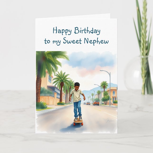 Tarjeta Feliz cumpleaños, sobrino | Niño en bicicleta en l (Anverso)