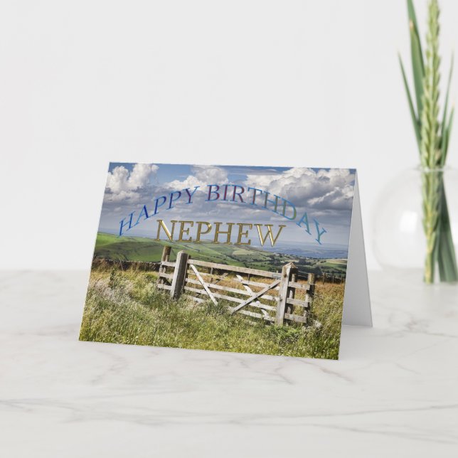 Tarjeta Feliz cumpleaños, sobrino, paisaje con puerta (Anverso)