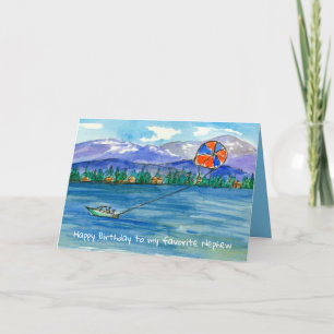 Tarjeta Feliz cumpleaños sobrino paracaídas en lago de mon