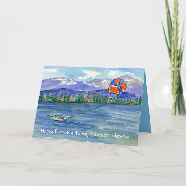 Tarjeta Feliz cumpleaños sobrino paracaídas en lago de mon (Anverso)