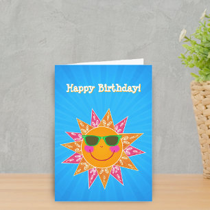 Tarjeta Feliz Cumpleaños Sol Naranja Rosa Azul Brillante D