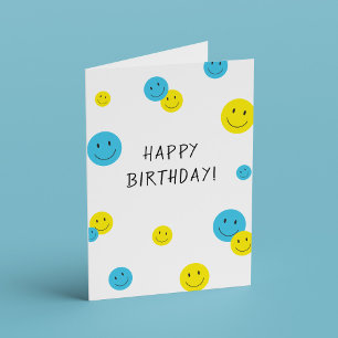 Tarjeta Feliz cumpleaños sonriente cara a amarillo azul