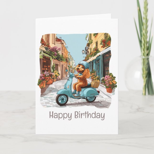 Tarjeta Feliz cumpleaños Standard Poodle Dog Riding Scoote (Anverso)