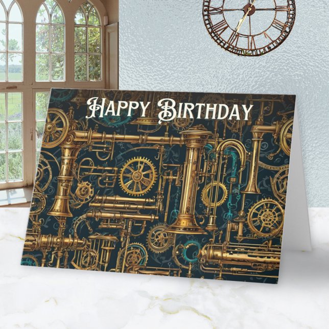 Tarjeta Feliz Cumpleaños Steampunk Engranajes Metal Retróg (A Steampunk themed birthday card with metal cogs and pipes, and 'Happy Birthday' in retro letterin)