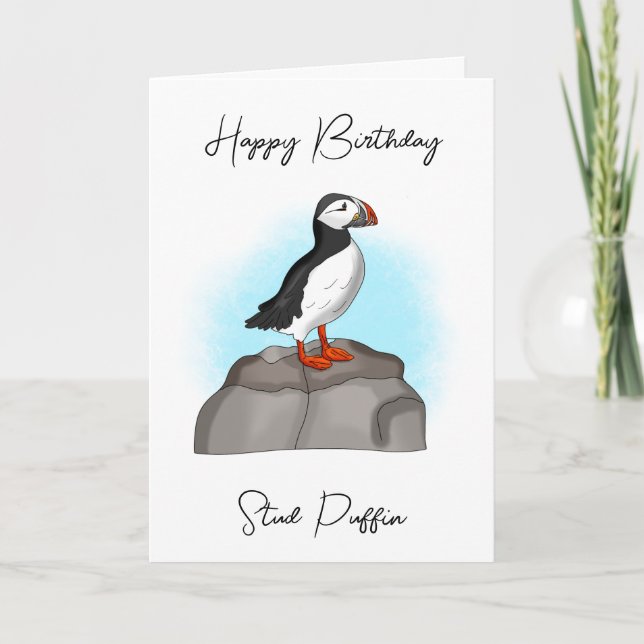 Tarjeta Feliz cumpleaños Stud Puffin | Divertido Pun (Anverso)