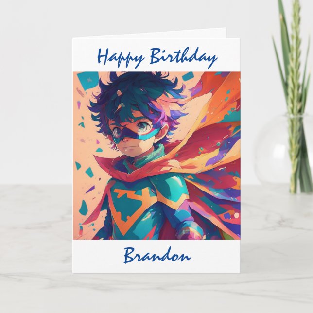 Tarjeta Feliz cumpleaños, superhéroe temático personalizad (Anverso)