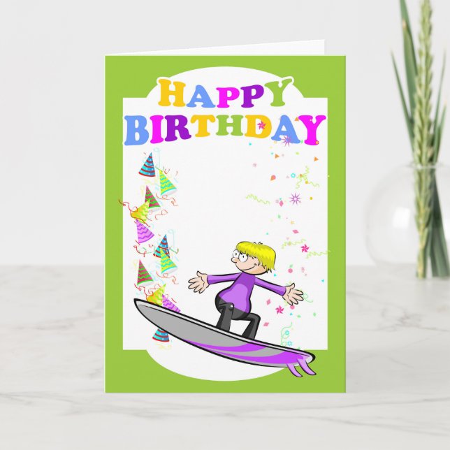 Tarjeta Feliz cumpleaños, surfista extremo (Anverso)
