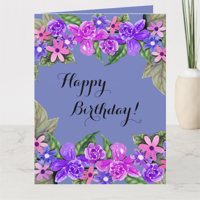 Tarjeta ¡Feliz cumpleaños! Swags florales púrpuras, (Anverso)