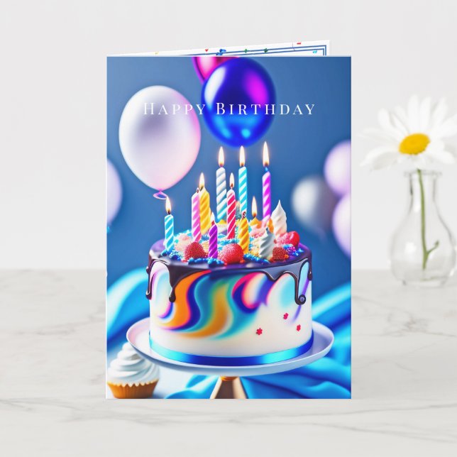 Tarjeta Feliz Cumpleaños Tarta Colorida Globos  (Planta pequeña)
