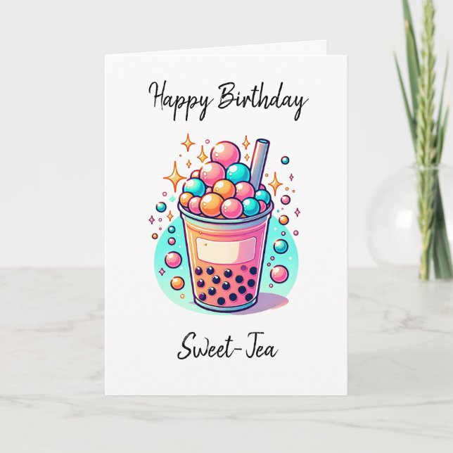 Tarjeta Feliz cumpleaños, té dulce | Boba Pun (Anverso)