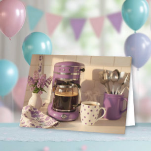 Tarjeta Feliz Cumpleaños Temático de Café Morado Adorable