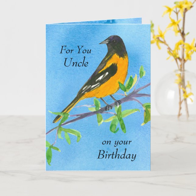 Tarjeta Feliz cumpleaños, tío Baltimore Oriole (flor amarilla)