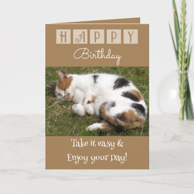 Tarjeta Feliz cumpleaños toma fácil gato foto marrón (Anverso)