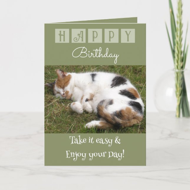 Tarjeta Feliz cumpleaños toma la foto fácil del gato verde (Anverso)