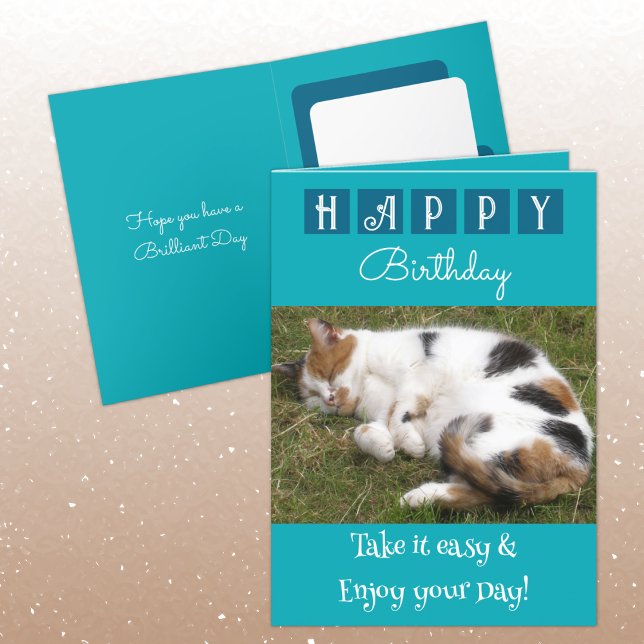 Tarjeta Feliz cumpleaños, tómate un gato fácil, foto azul (Subido por el creador)