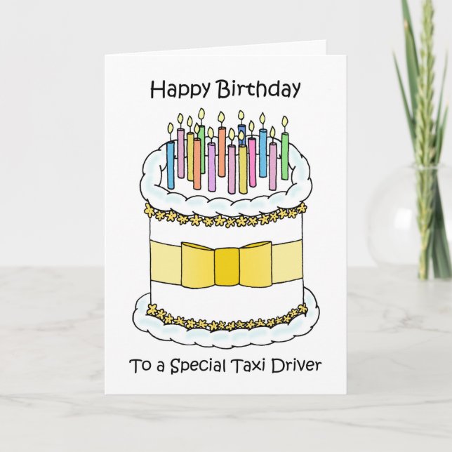 Tarjeta Feliz cumpleaños, torta y velas de taxistas (Anverso)