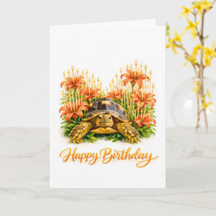 Tarjeta Feliz Cumpleaños tortuga Sulcata con Lirios Naranj