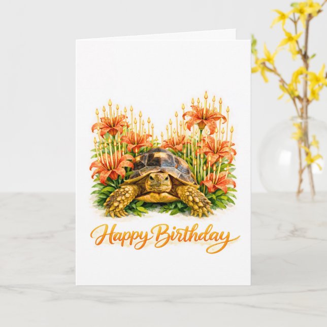 Tarjeta Feliz Cumpleaños tortuga Sulcata con Lirios Naranj (flor amarilla)