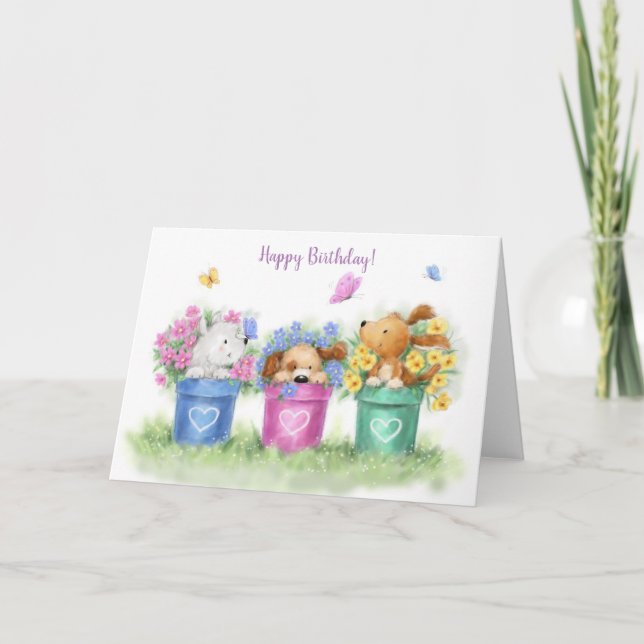 Tarjeta Feliz cumpleaños, tres perros en tres macetas de f (Anverso)