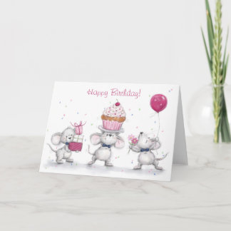 Tarjeta Feliz cumpleaños, tres ratones de compañía celebra