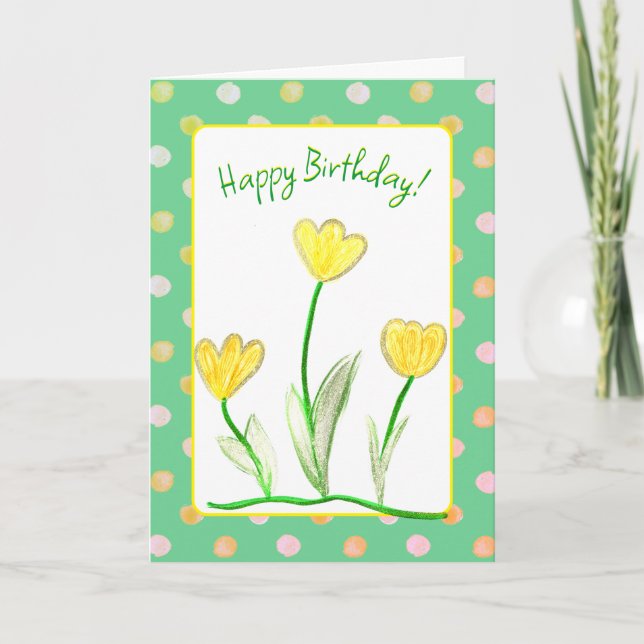 Tarjeta Feliz cumpleaños, tulipán amarillo arte floral (Anverso)