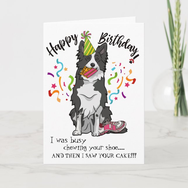 Tarjeta Feliz cumpleaños tus zapatos rosados de Collie Dog (Anverso)