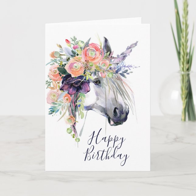 Tarjeta Feliz Cumpleaños | Unicornio Vestido Floral (Anverso)