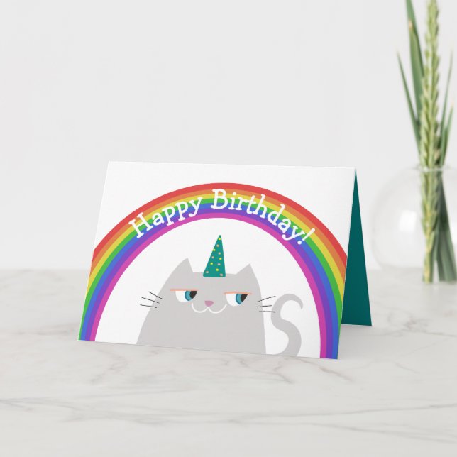 Tarjeta Feliz cumpleaños, unicornio y arcoiris (Anverso)