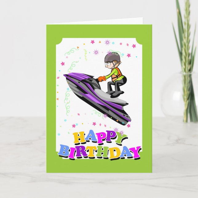 Tarjeta Feliz cumpleaños, valiente campeón de moto acuátic (Anverso)