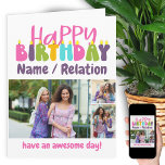 Tarjeta Feliz cumpleaños, velas coloridas 3 Collage de fot<br><div class="desc">Tarjeta fotográfica personalizada Happy Birthday con velas de colores. La plantilla está lista para que usted agregue 3 de sus fotos favoritas y personalize la redacción con un nombre o relación (Isabella / bestie / hermana, por ejemplo), un mensaje en la parte inferior como "¡tenga un día genial!". También puede...</div>