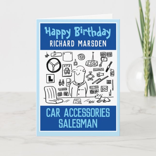 Tarjeta Feliz Cumpleaños Vendedor de Accesorios para Autos (Anverso)