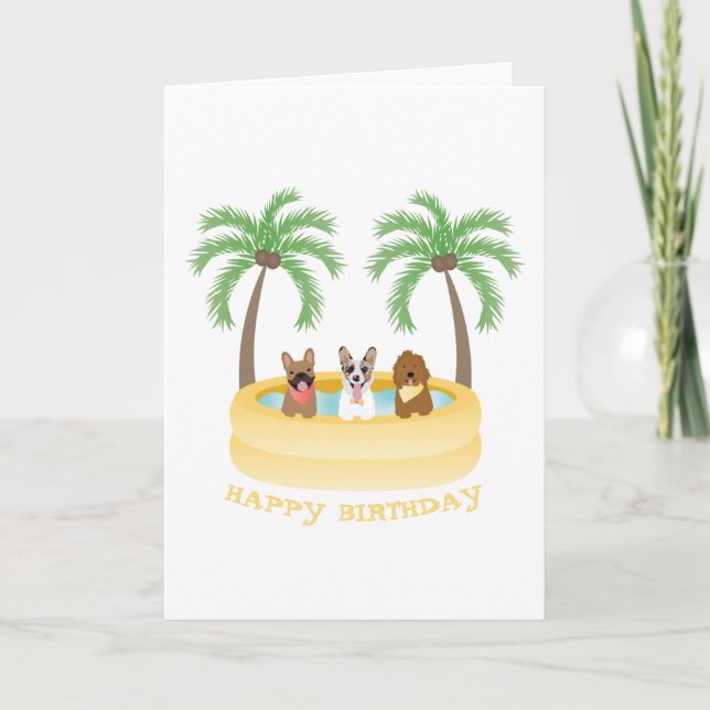 Tarjeta Feliz cumpleaños verano perros piscina (Anverso)