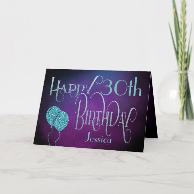 Tarjeta Feliz cumpleaños Verde azulado de nombre 30 (Anverso)