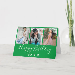 Tarjeta Feliz cumpleaños Verde y Blanco 3 Collage de fotos