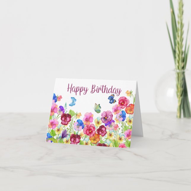 Tarjeta Feliz Cumpleaños Vibrantes Flores de Pensamiento A (Anverso)