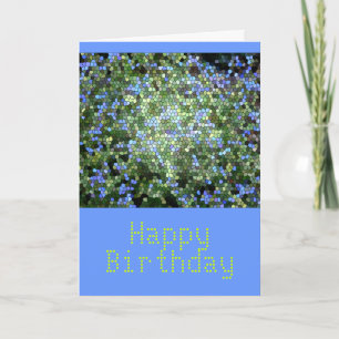 Tarjeta "Feliz cumpleaños", vidrio manchado en azul y verd