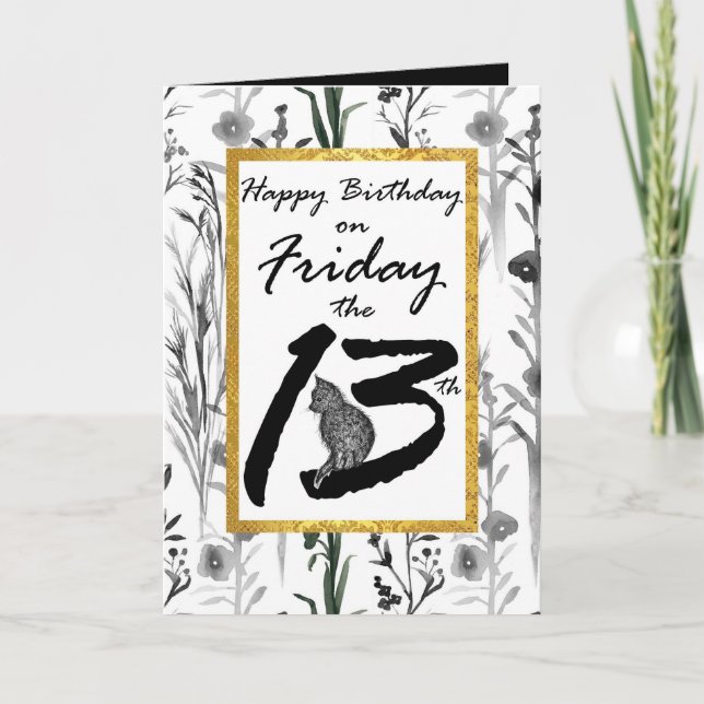 Tarjeta Feliz cumpleaños viernes, 13ª flor de gato negro (Anverso)