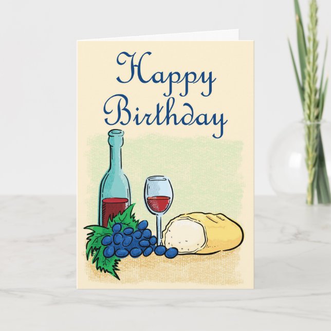 Tarjeta Feliz cumpleaños: vino y pan (Anverso)